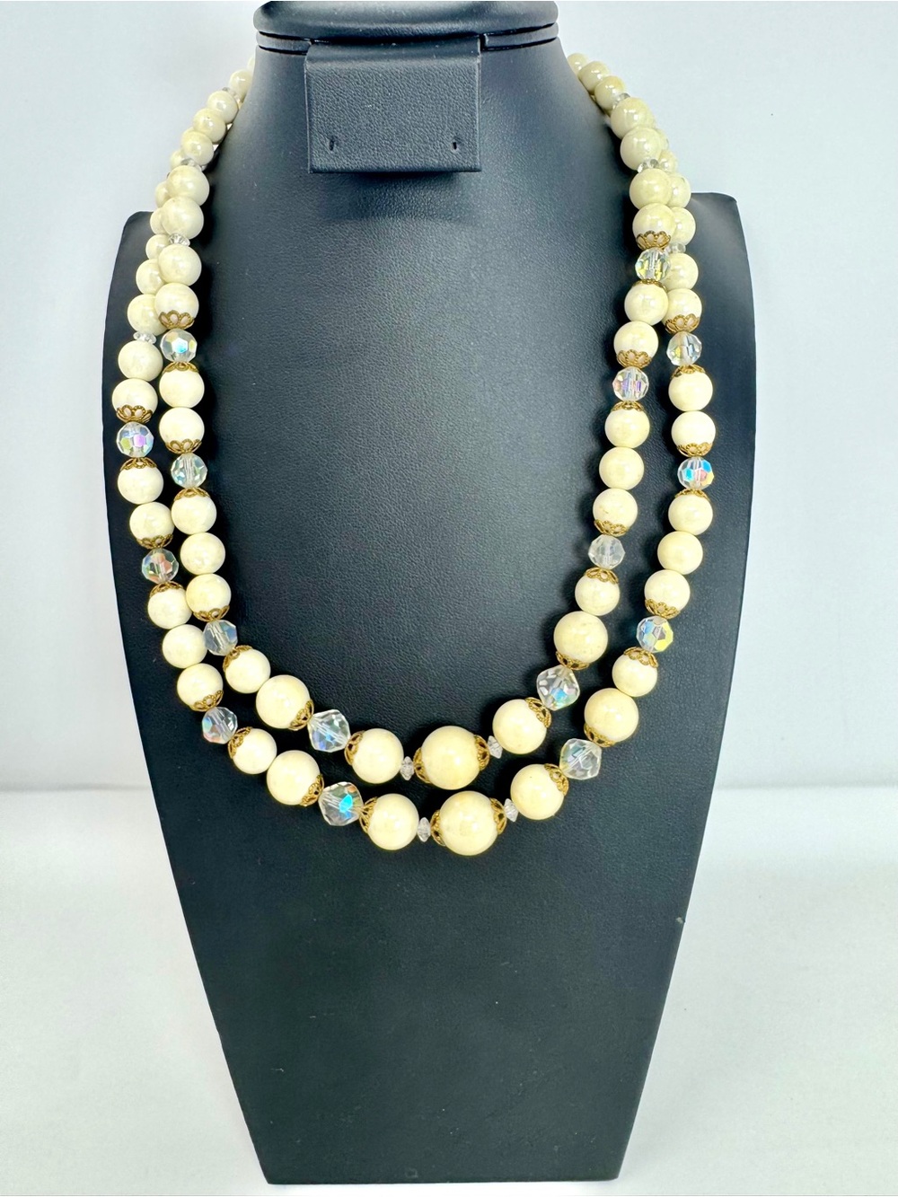Vintage Signed ART Double Strand Necklace Cream Faux Pearl AB Crystal MCM 24”